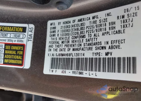 2015 Honda Cr-V Touring z USA, uszkodzony, nr VIN 5J6RM4H98FL126114